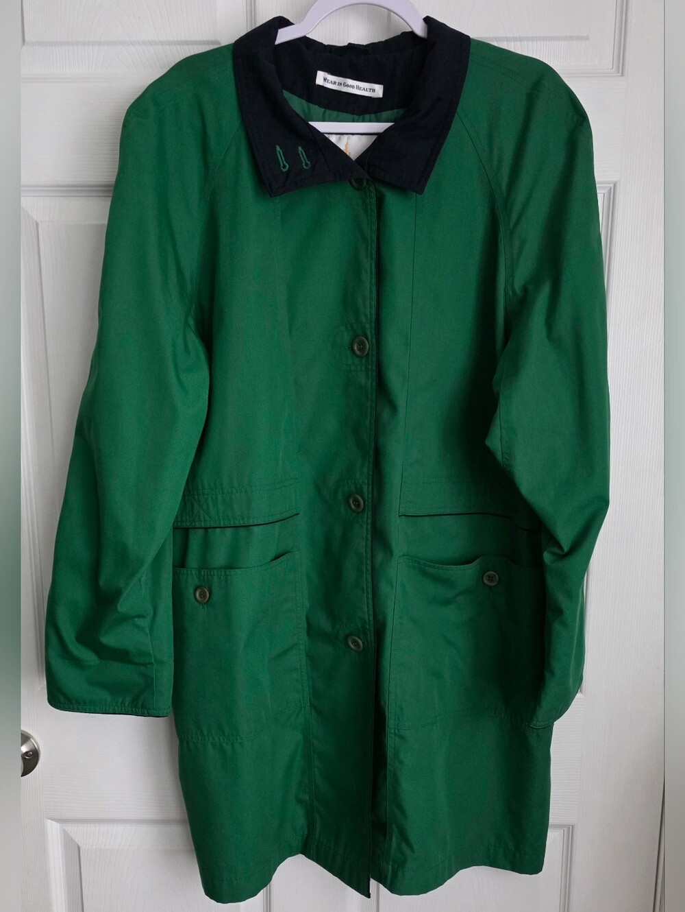Vintage Misty Harbor Green Raincoat Colorblock Navy Cuffs Women's Large Nautical